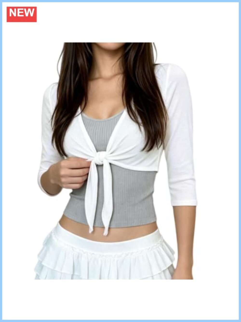 Tie Front Crop Cardigan 3/4 Sleeve V Neck Bolero Lightweight Women